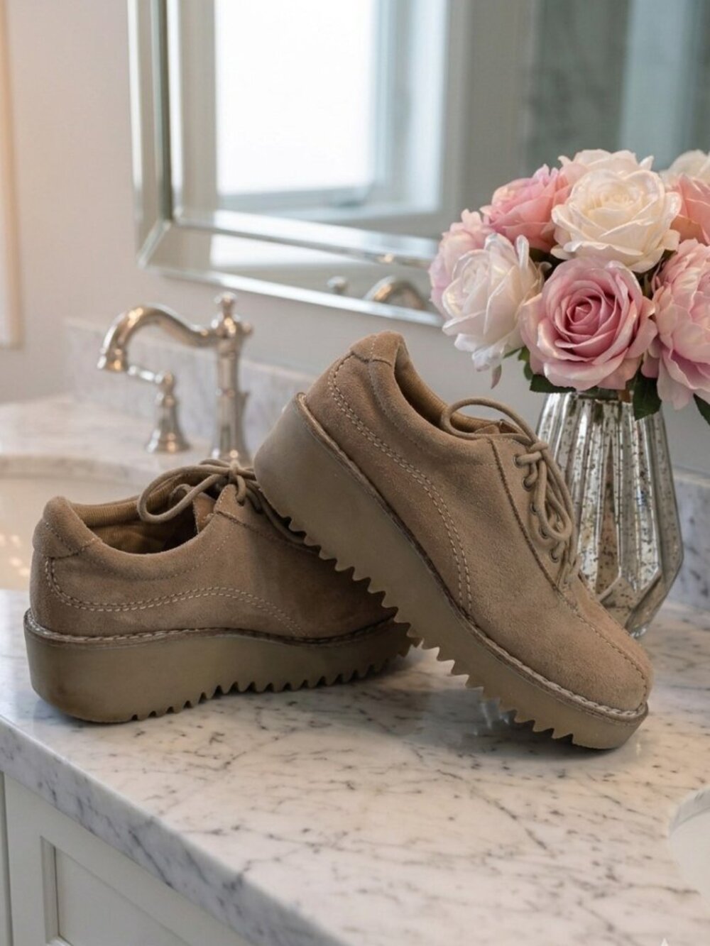 Aldo Camel Tan Suede Chunky Platform Wedge Lace Up Oxfords Size 9-9.5